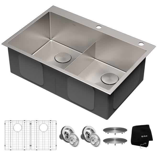 Kraus Standart Pro 33-in x 22-in Stainless Steel Double Equal Bowl Dual-Mount 2-Hole Kitchen Sink, KHT302-33