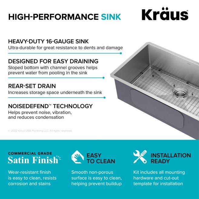 KRAUS Standart PRO All-in-One Undermount Stainless Steel 32 in. Single Bowl Kitchen Sink with Faucet, Satin Finish
