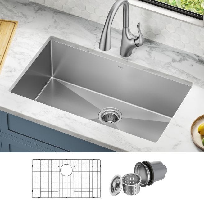 KRAUS Standart PRO All-in-One Undermount Stainless Steel 32 in. Single Bowl Kitchen Sink with Faucet, Satin Finish