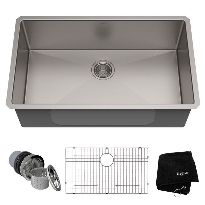 KRAUS Standart PRO All-in-One Undermount Stainless Steel 32 in. Single Bowl Kitchen Sink with Faucet, Satin Finish