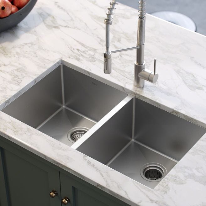 Kraus Handmade 33-in x 19-in Stainless Steel Double Equal Bowl Undermount Commercial/Residential Kitchen Sink