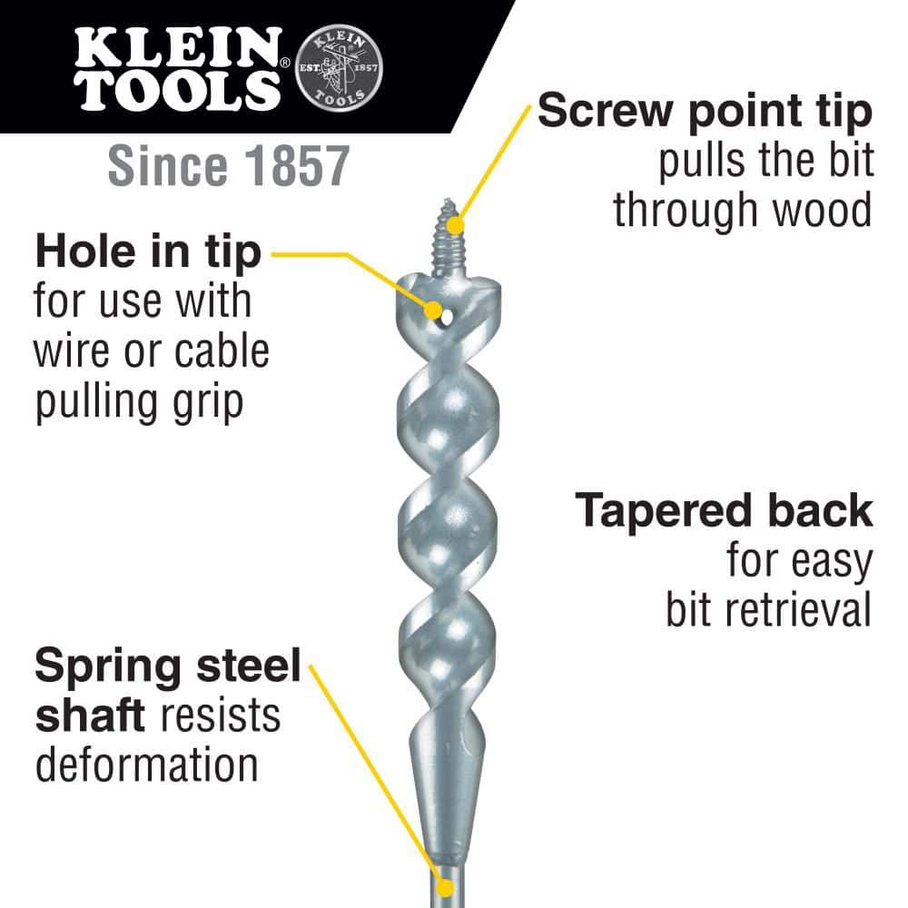 Klein Tools 3/4 in. x 72 in. Flex Auger Bit, Spring Steel Shaft, 3-Flat Shank