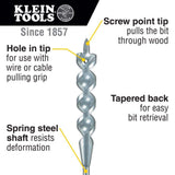 Klein Tools 3/4 in. x 72 in. Flex Auger Bit, Spring Steel Shaft, 3-Flat Shank