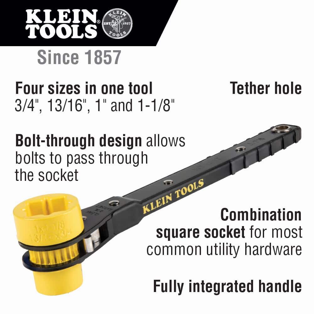 Klein Tools KT151T 4-in-1 Lineman's Ratcheting Wrench, 13 in. Length, SAE Square Sockets (3/4, 13/16, 1, 1-1/8 in.)