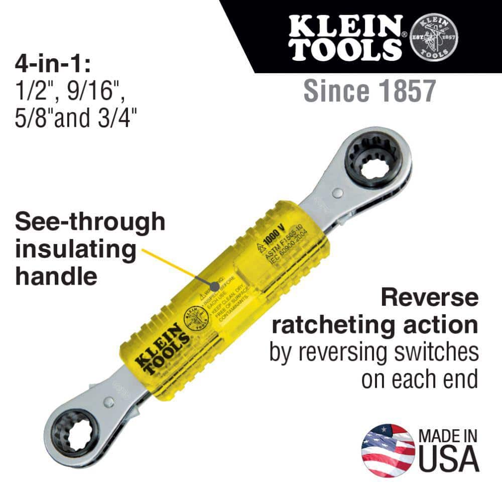 Klein Tools Lineman’s Insulating 4-in-1 Box Wrench, 9 in Length, SAE 1/2–3/4 in