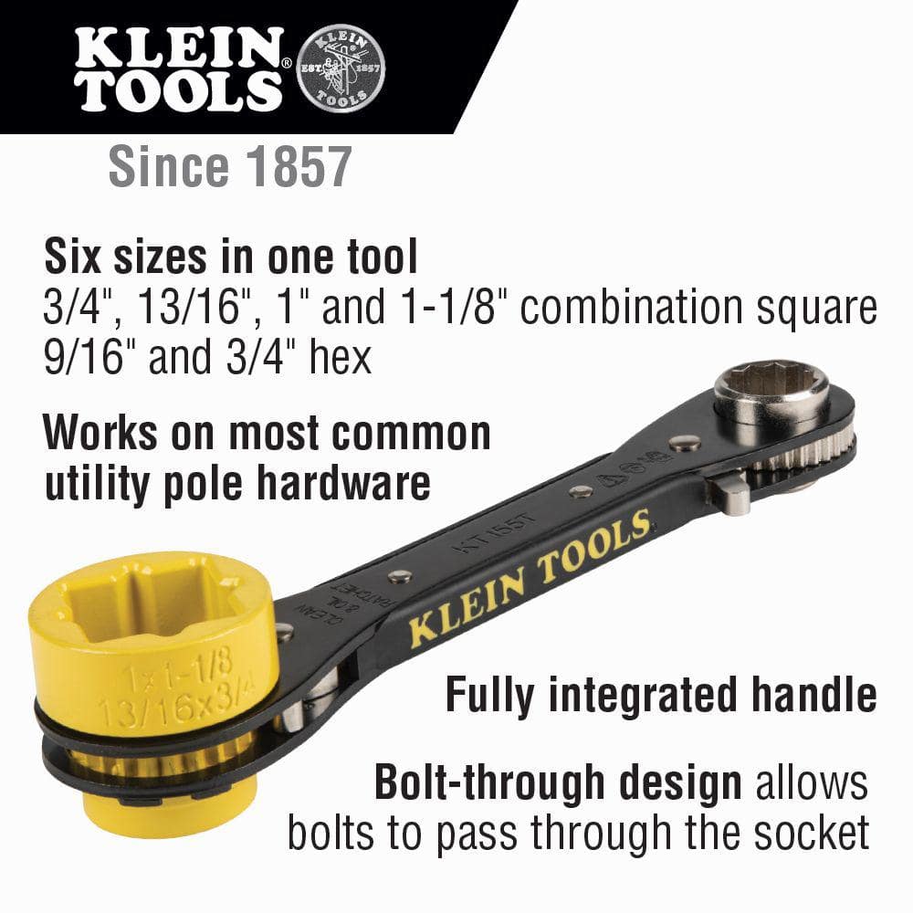 Klein Tools KT155T 6-in-1 Ratcheting Lineman’s Wrench, 9.5 in Length, SAE Hex & Square Sockets
