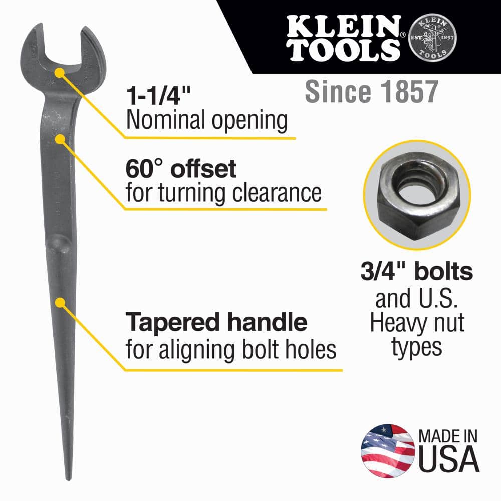 Klein Tools 3212 3/4 in. Erection Spud Wrench for U.S. Heavy Nut, 1-1/4 in. Nominal Opening, 16.625 in. Length