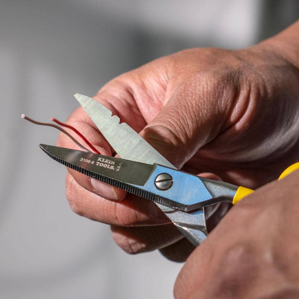 Klein Tools 2100-8 Free-Fall Electrical Scissors/Snips, Stainless Steel, Micro-Serrated, Extended Handle