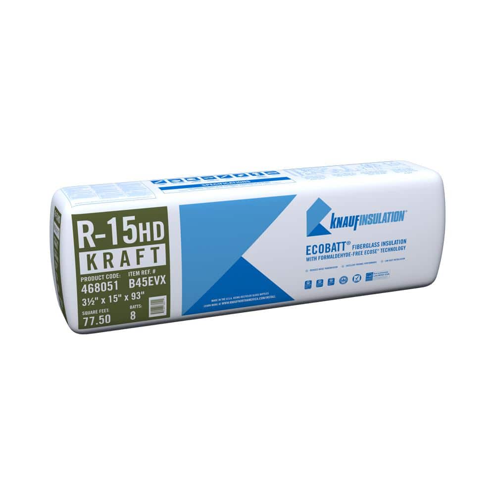 Knauf Insulation R-15 EcoBatt Kraft Faced Fiberglass Insulation Batt, High Density, 3-1/2" x 15" x 93", 67.81–77.5 sq. ft. Coverage