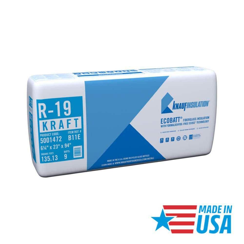 Knauf Insulation R-19 EcoBatt Kraft Faced Fiberglass Insulation Batt, 6-1/4 in x 23 in x 94 in, 135.13 sq ft