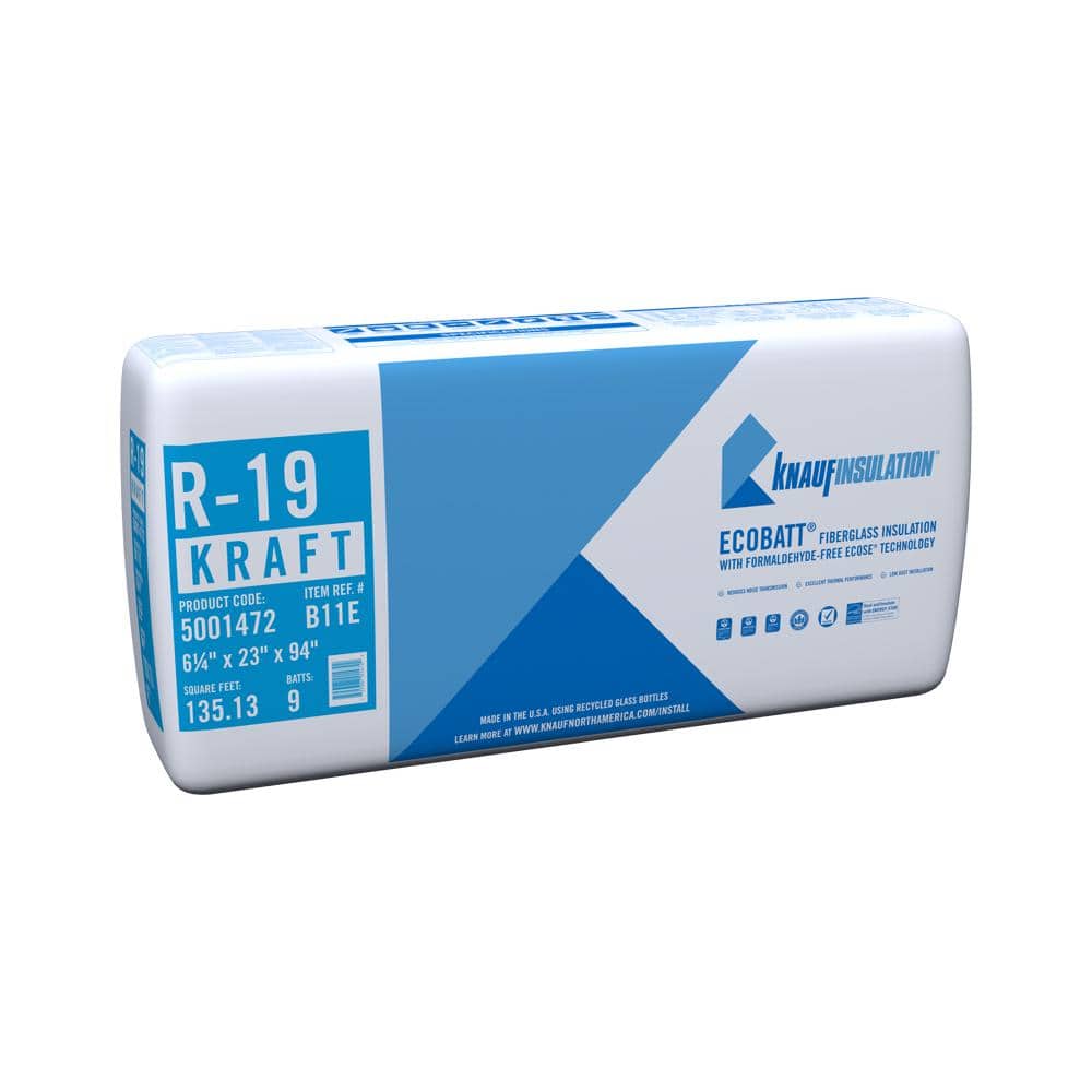 Knauf Insulation R-19 EcoBatt Kraft Faced Fiberglass Insulation Batt, 6-1/4 in x 23 in x 94 in, 135.13 sq ft