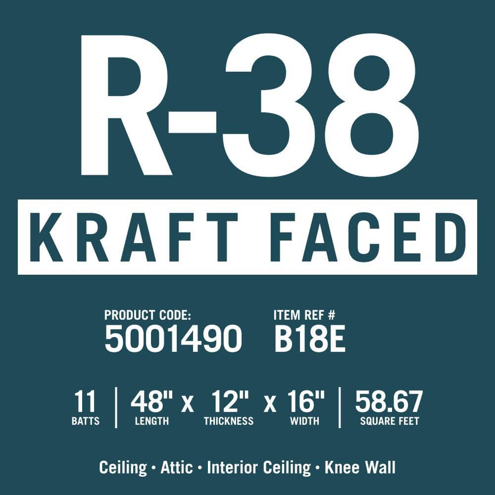 Knauf Insulation R-38 EcoBatt Kraft Faced Fiberglass Insulation Batt, 12" x 16" x 48", 58.67 sq. ft.
