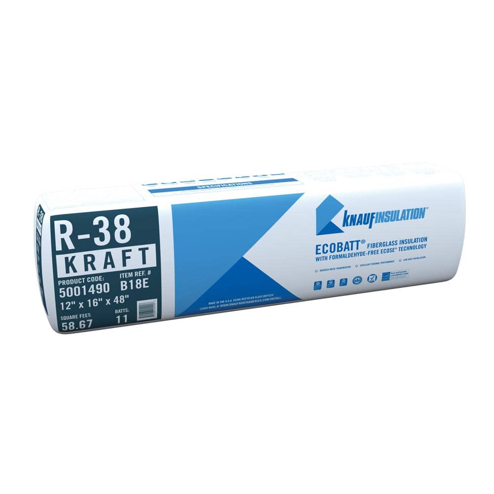 Knauf Insulation R-38 EcoBatt Kraft Faced Fiberglass Insulation Batt, 12" x 16" x 48", 58.67 sq. ft.