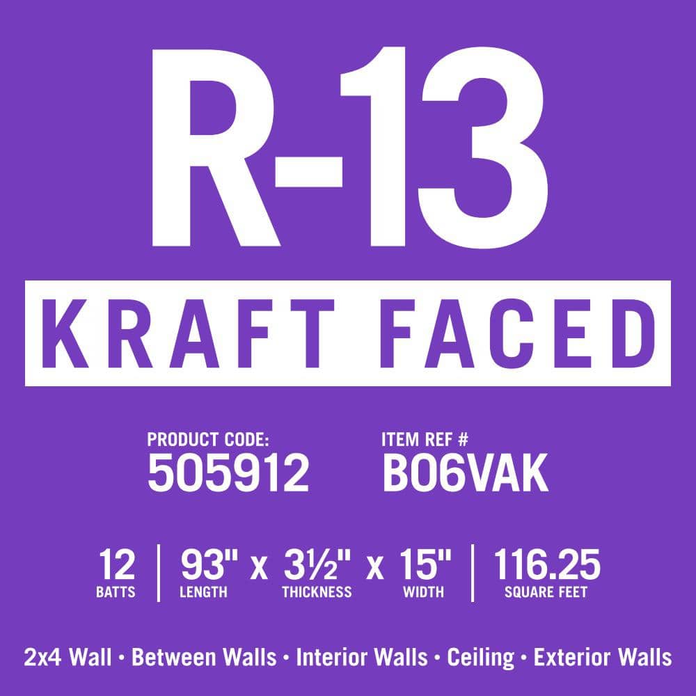 Knauf Insulation R-13 EcoBatt Kraft Faced Fiberglass Insulation Batt, 3-1/2 in. x 15 in. x 93 in., 116.25 sq. ft. Coverage