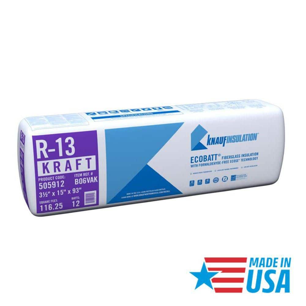 Knauf Insulation R-13 EcoBatt Kraft Faced Fiberglass Insulation Batt, 3-1/2 in. x 15 in. x 93 in., 116.25 sq. ft. Coverage