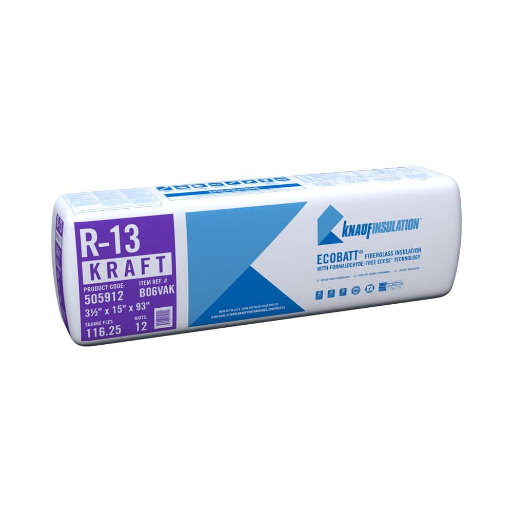 Knauf Insulation R-13 EcoBatt Kraft Faced Fiberglass Insulation Batt, 3-1/2 in. x 15 in. x 93 in., 116.25 sq. ft. Coverage