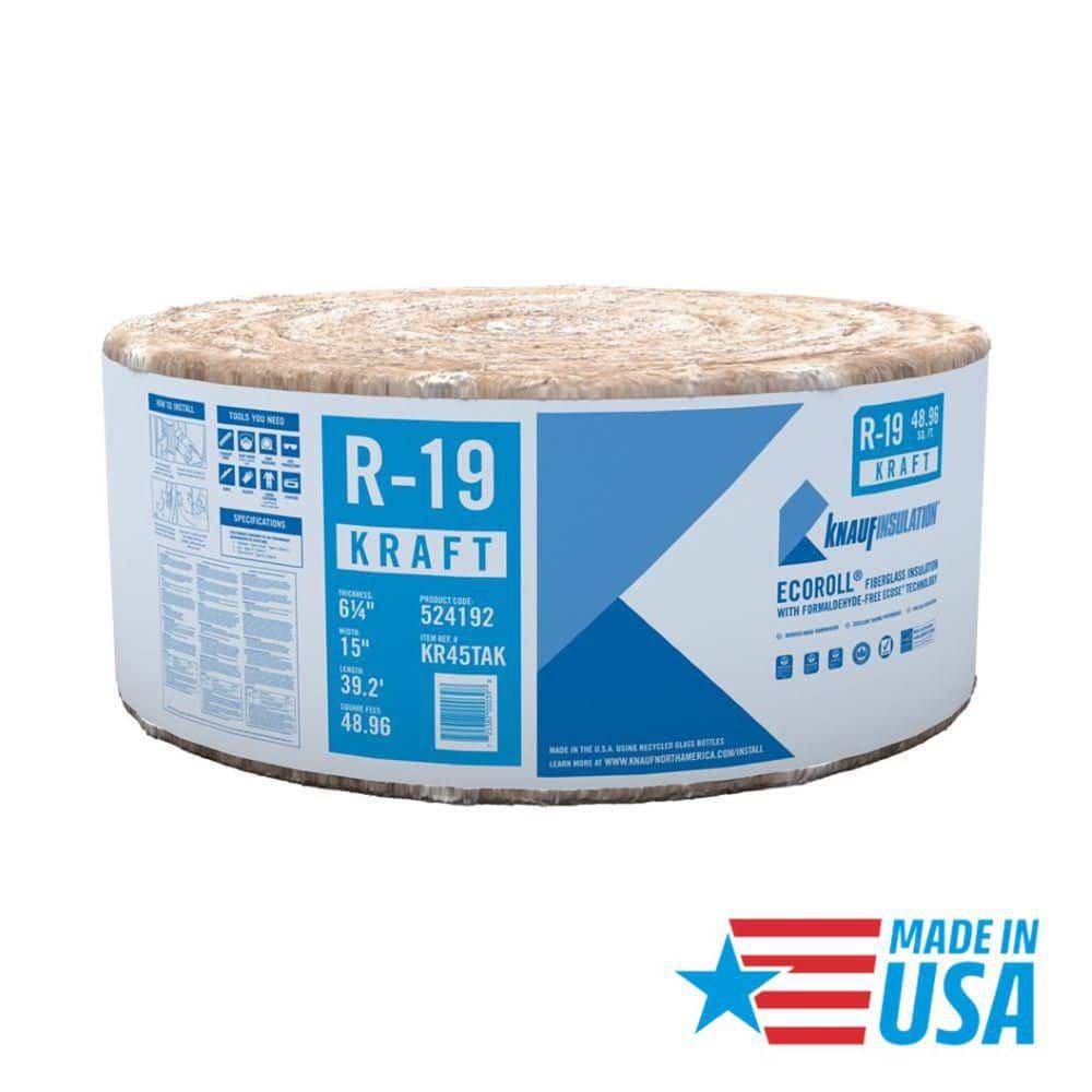 Knauf Insulation R-19 EcoRoll Kraft Faced Fiberglass Insulation Roll, 6-1/4 in x 15 in x 39.2 ft (48.96 sq ft)