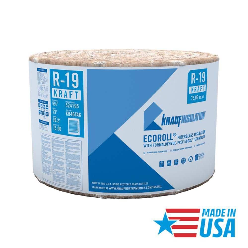Knauf Insulation R-19 EcoRoll Kraft Faced Fiberglass Insulation Roll, 6-1/4 in Thick x 23 in Wide x 39.2 ft Long, 75.06 sq ft