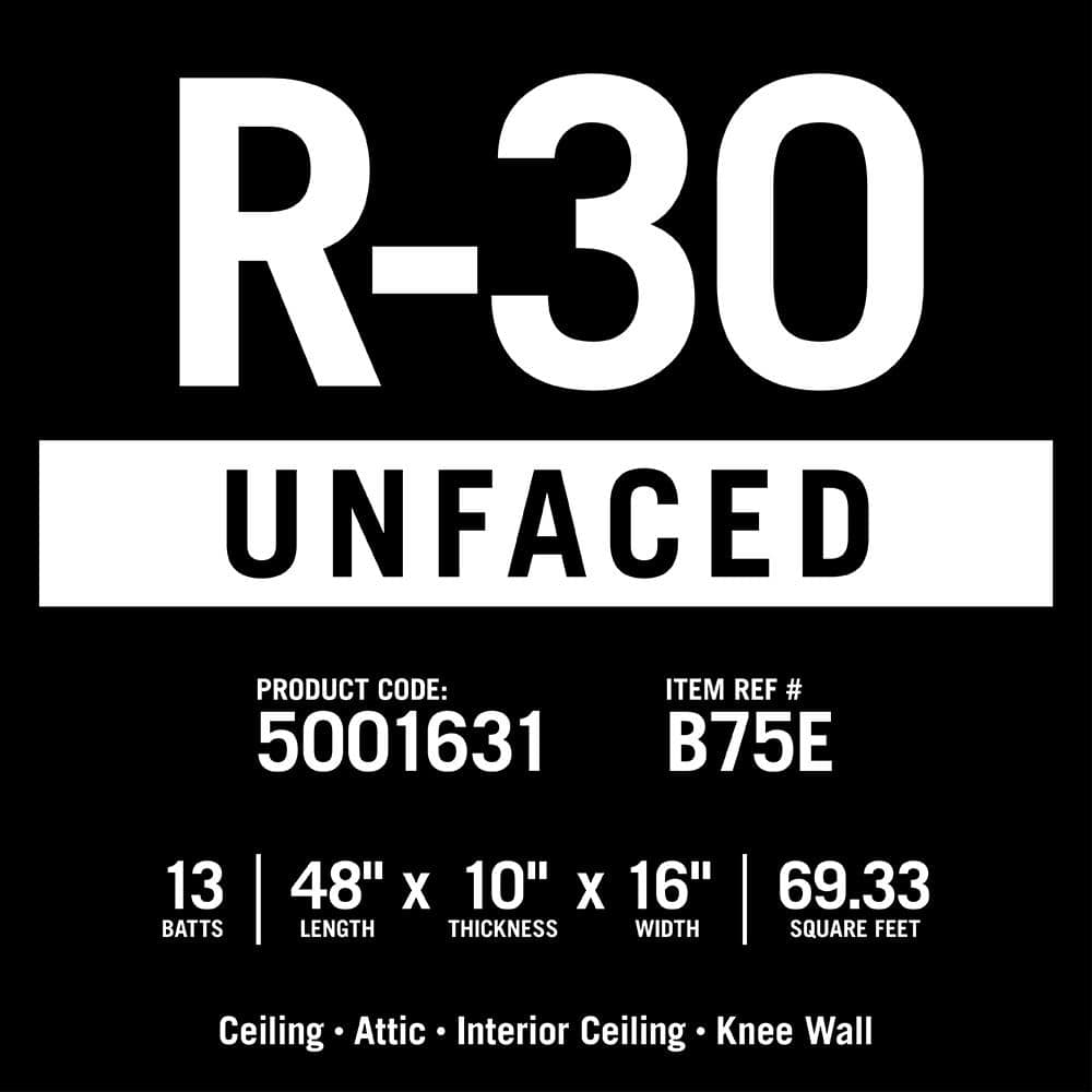 Knauf Insulation R-30 EcoBatt Unfaced Fiberglass Insulation Batt, 10" x 16" x 48" — 69.33 sq ft
