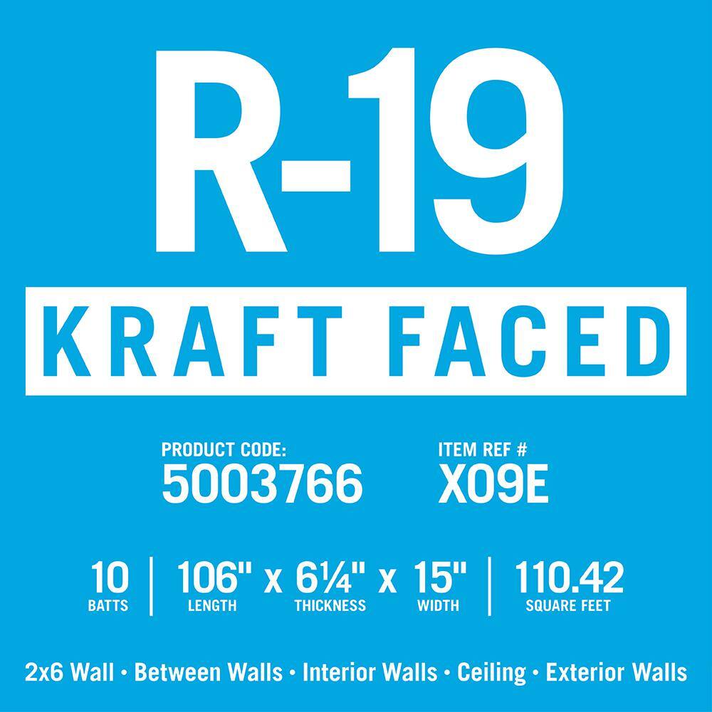 Knauf Insulation R-19 EcoBatt Kraft-Faced Fiberglass Insulation Batts, 6-1/4 in x 15 in x 106 in, 110.42 sq ft