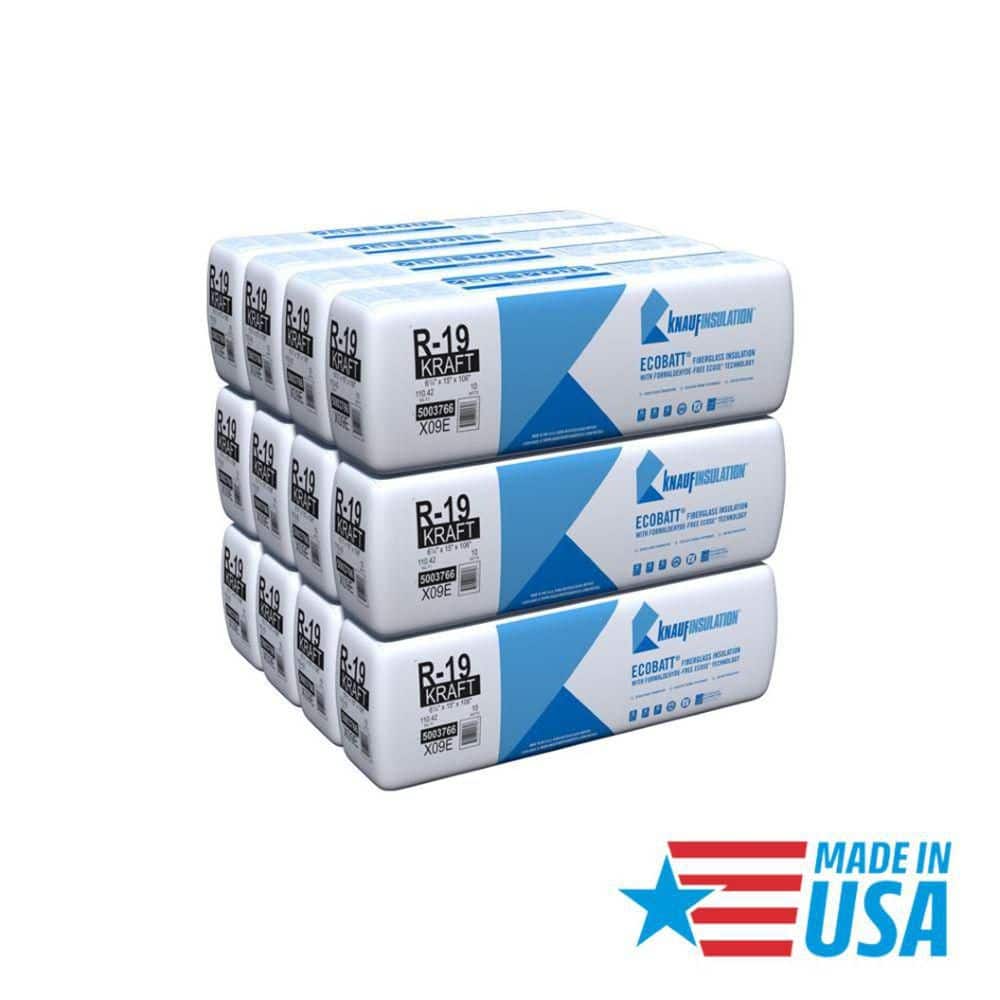 Knauf Insulation R-19 EcoBatt Kraft-Faced Fiberglass Insulation Batts, 6-1/4 in x 15 in x 106 in, 110.42 sq ft