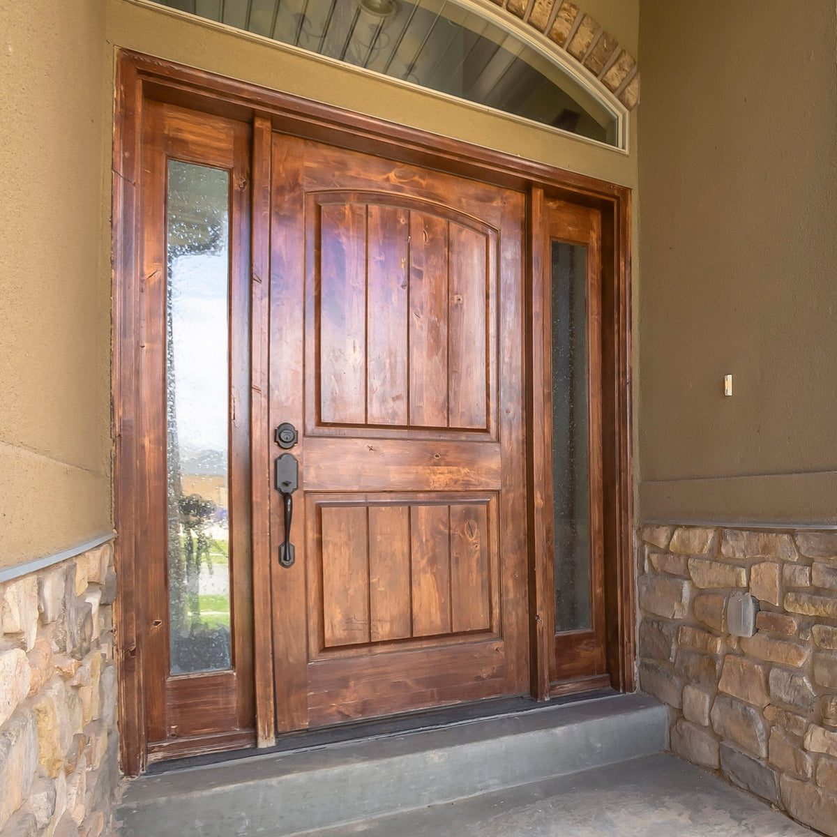36 in. x 80 in. Rustic Knotty Alder 2-Panel Top Rail Arch V-Groove Unfinished Wood Front Door Slab