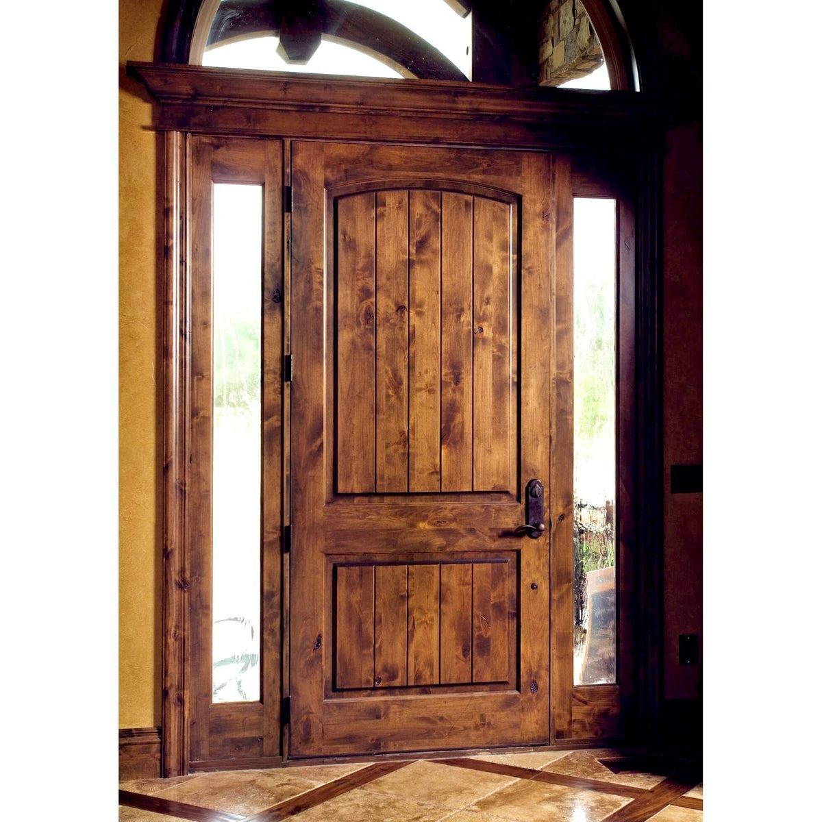 36 in. x 80 in. Rustic Knotty Alder 2-Panel Top Rail Arch V-Groove Unfinished Wood Front Door Slab