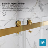 Kobiworks Catalyst FP 60 in. W x 66 in. H Double Sliding Frameless Shower Door in Brushed Gold with 3/8 in. Clear Glass