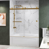 Kobiworks Catalyst FP 60 in. W x 66 in. H Double Sliding Frameless Shower Door in Brushed Gold with 3/8 in. Clear Glass