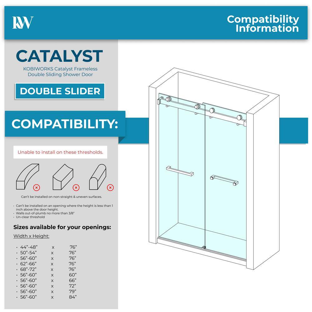 Kobiworks Catalyst FP 60 in. W x 66 in. H Double Sliding Frameless Shower Door in Brushed Gold with 3/8 in. Clear Glass