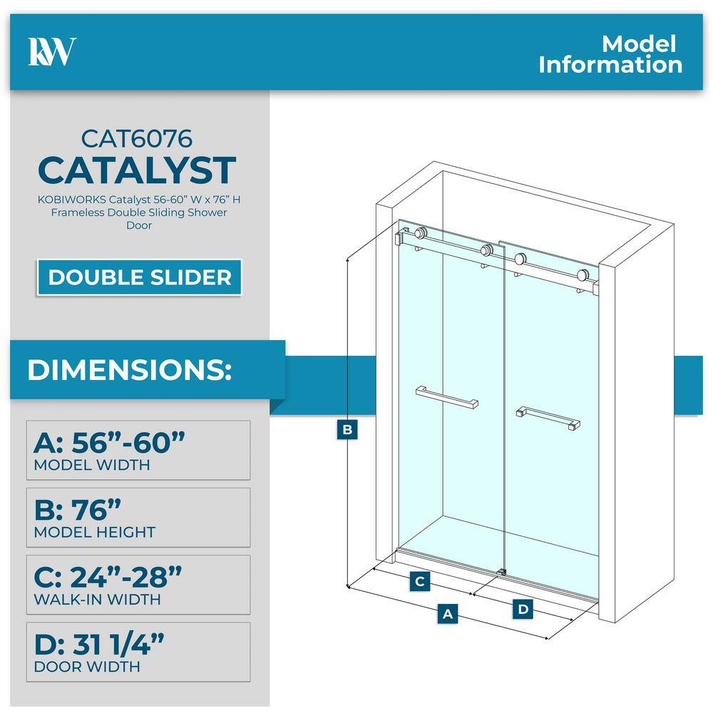 Kobiworks Catalyst 60 in. W x 76 in. H Double Sliding Frameless Shower Door in Chrome with 3/8 in. Ultra Clear Glass