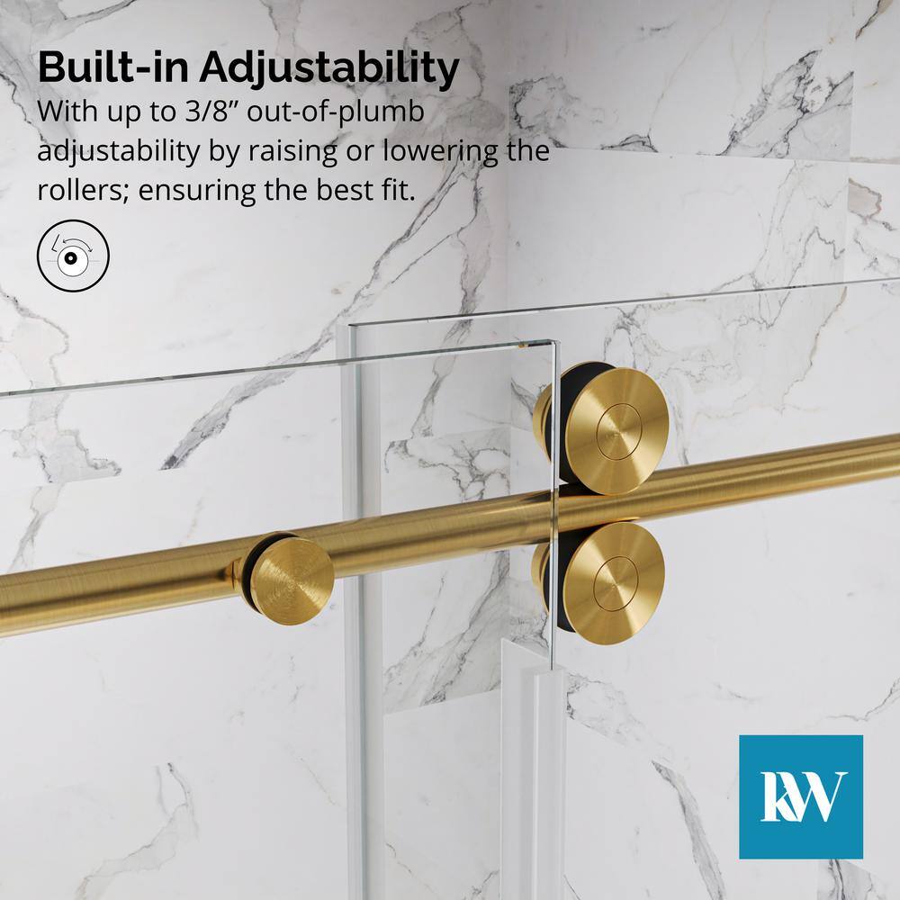 Kobiworks Radiance 72 in. W x 76 in. H Single Sliding Frameless Shower Door in Brushed Gold Towel Bar with 3/8 in. Clear Glass