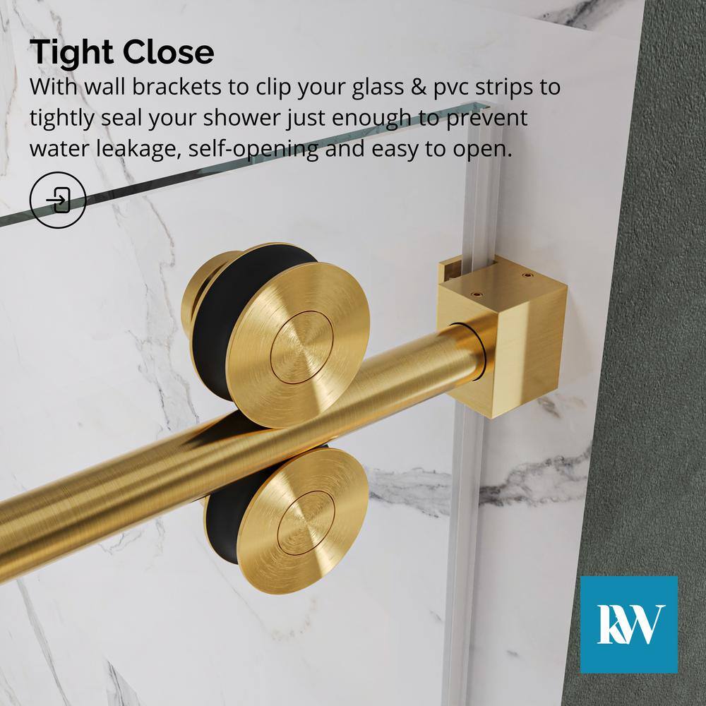 Kobiworks Radiance 72 in. W x 76 in. H Single Sliding Frameless Shower Door in Brushed Gold Towel Bar with 3/8 in. Clear Glass