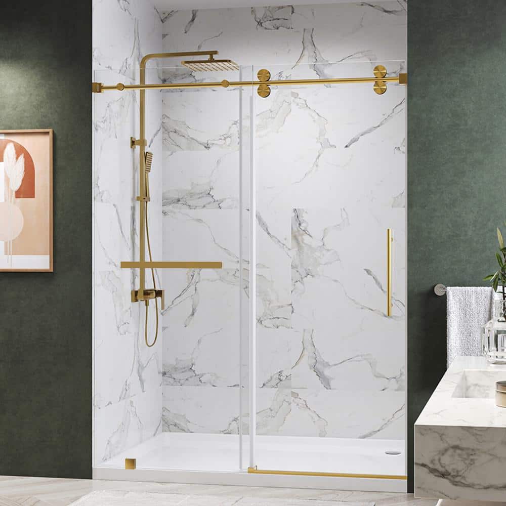 Kobiworks Radiance 72 in. W x 76 in. H Single Sliding Frameless Shower Door in Brushed Gold Towel Bar with 3/8 in. Clear Glass