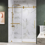 Kobiworks Radiance 72 in. W x 76 in. H Single Sliding Frameless Shower Door in Brushed Gold Towel Bar with 3/8 in. Clear Glass