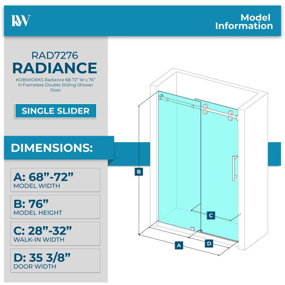 Kobiworks Radiance 72 in. W x 76 in. H Single Sliding Frameless Shower Door in Brushed Gold Towel Bar with 3/8 in. Clear Glass