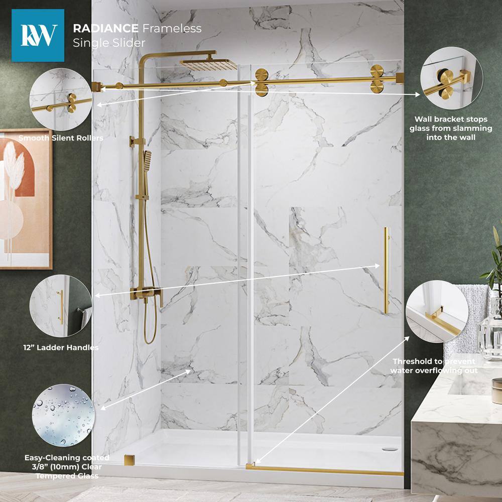 Kobiworks Radiance 72 in. W x 76 in. H Single Sliding Frameless Shower Door in Brushed Gold Towel Bar with 3/8 in. Clear Glass