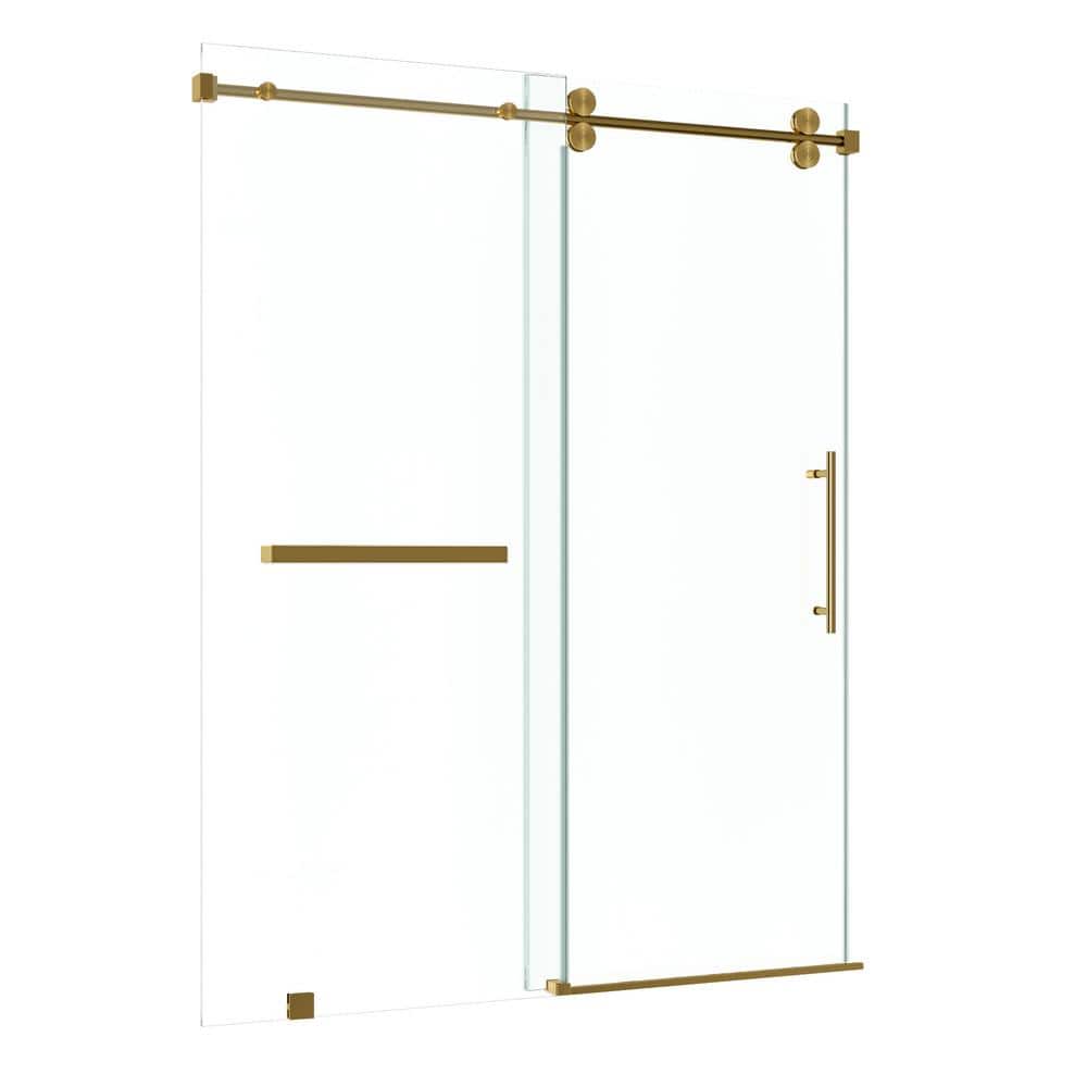 Kobiworks Radiance 72 in. W x 76 in. H Single Sliding Frameless Shower Door in Brushed Gold Towel Bar with 3/8 in. Clear Glass