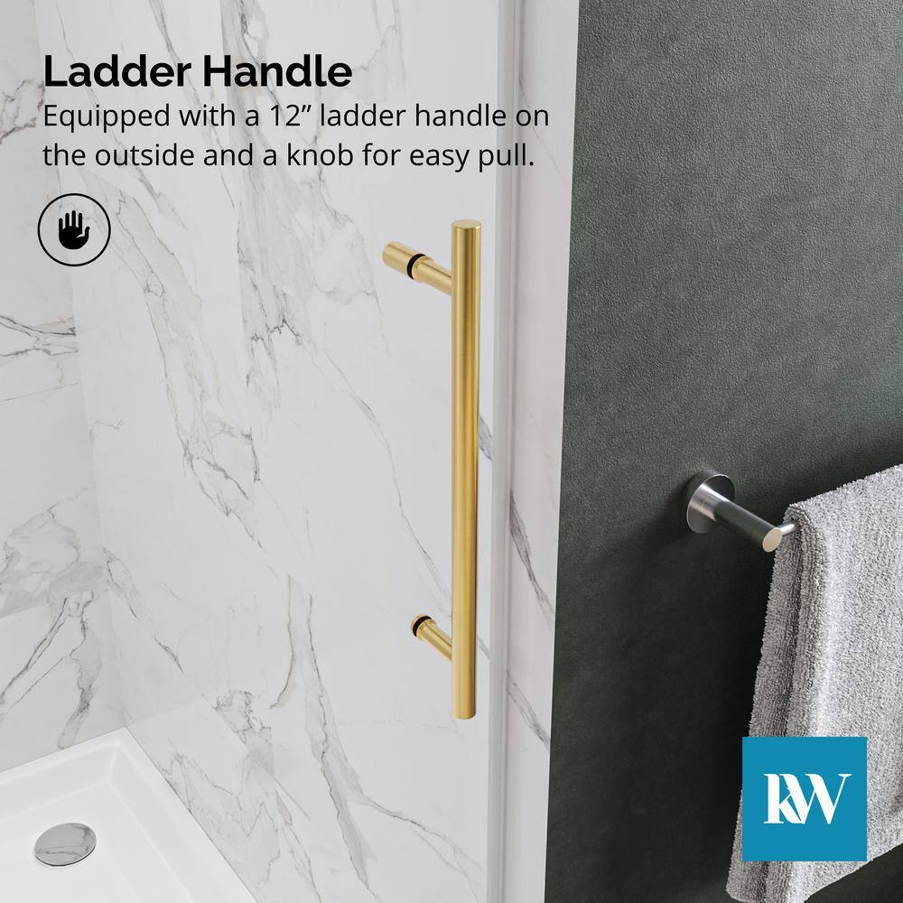 Kobiworks Radiance 72 in. W x 76 in. H Single Sliding Frameless Shower Door in Brushed Gold Towel Bar with 3/8 in. Clear Glass
