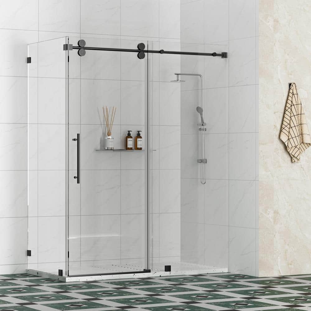 Kobiworks Radiance 48 in. W x 35 in. D x 76 in. H Sliding Frameless Corner Shower Enclosure in Matte Black with Clear Glass