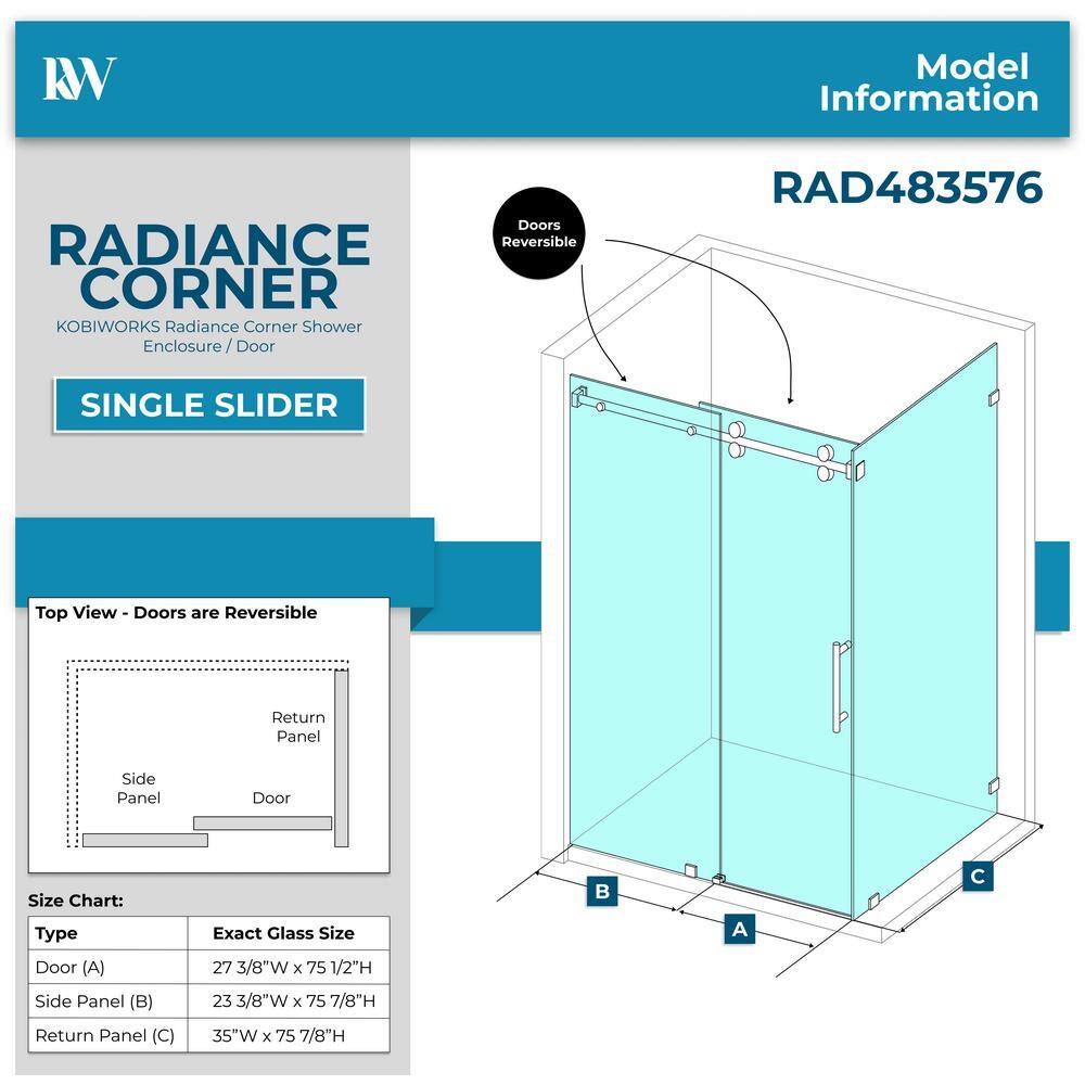 Kobiworks Radiance 48 in. W x 35 in. D x 76 in. H Sliding Frameless Corner Shower Enclosure in Matte Black with Clear Glass
