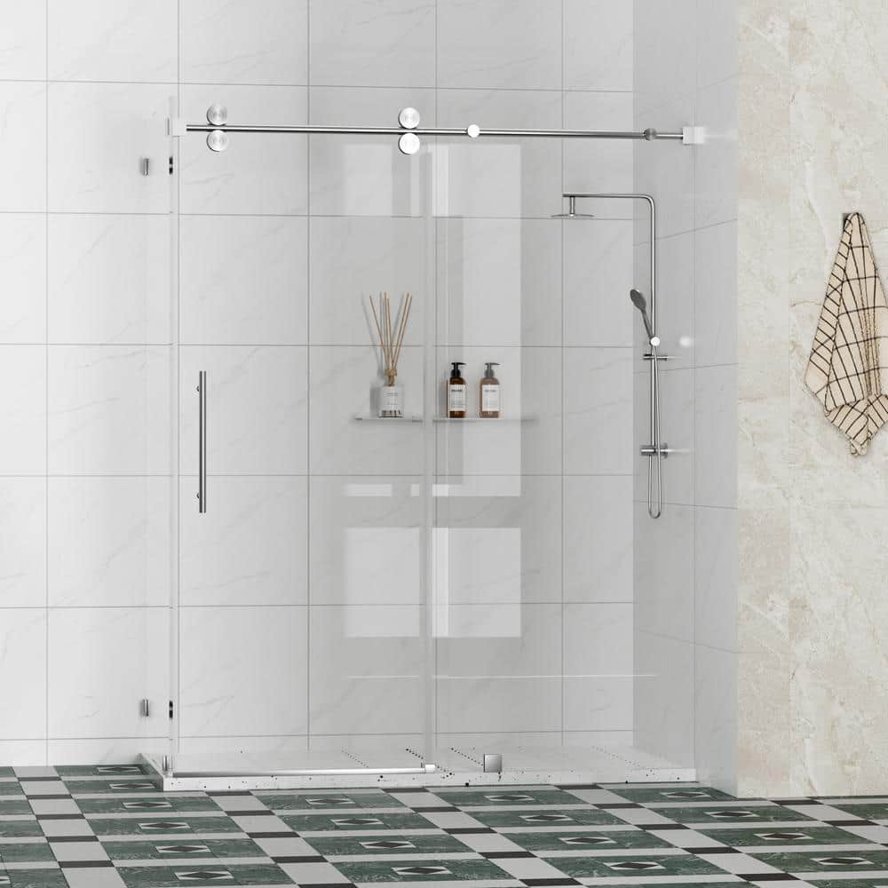 Kobiworks Radiance 66 in. W x 35 in. D x 76 in. H Sliding Frameless Corner Shower Enclosure in Chrome with Clear Glass