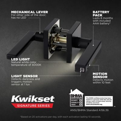 Kwikset Halifax Matte Black Bed & Bath Lever, Right or Left Handed, LED Square