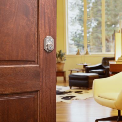 Kwikset SmartCode 909 Satin Nickel Electronic Deadbolt with SmartKey Security + Tustin Passage Lever