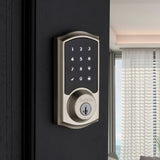 Premis Touchscreen Smart Lock Satin Nickel Single Cylinder Electronic Deadbolt featuring Tustin Hall/Closet Lever