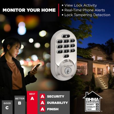 HALO Satin Nickel Keypad Wi‑Fi Electronic Single-Cylinder Smart Lock Deadbolt featuring SmartKey Security