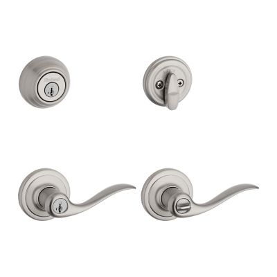 Tustin Satin Nickel Exterior Entry Door Lever and Single Cylinder Deadbolt Combo Pack Featuring SmartKey Security