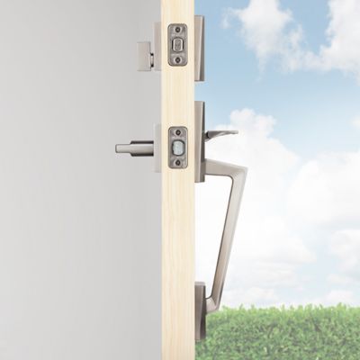 Kwikset Camino Low Profile Satin Nickel Single Cylinder Entry Door Handleset with Halifax Lever, SmartKey Security