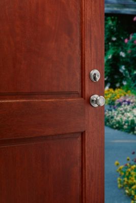 Kwikset Hawthorne Satin Nickel Single Cylinder Door Handleset with Cameron Knob, SmartKey Security