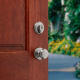 Shelburne Antique Brass Single Cylinder Door Handleset with Juno Door Knob Featuring SmartKey Security